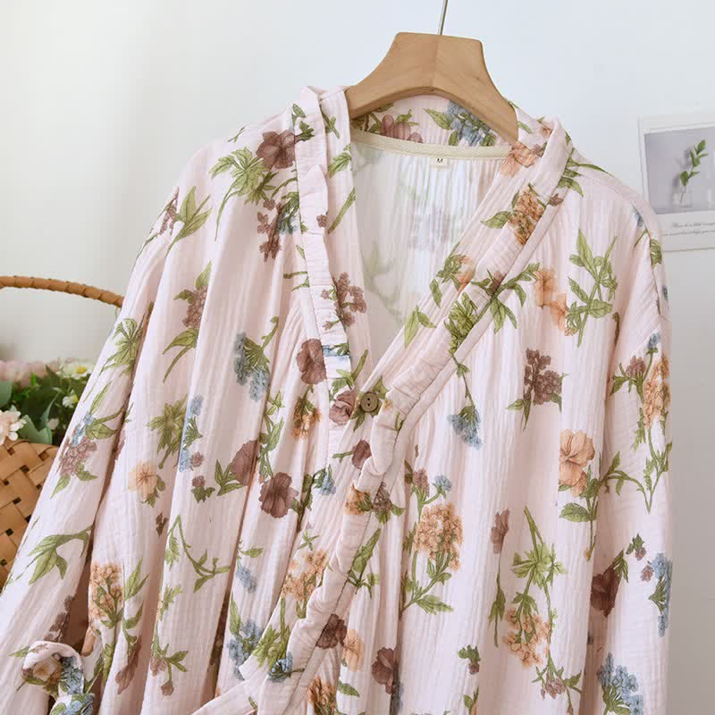 Floral Cotton Gauze Ruffled Neck  Robe - image 3