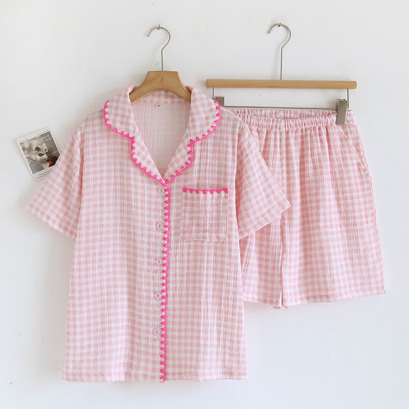 Plaid Cotton Gauze Pajamas with Embroidered Trim - Pink - XL - image 4