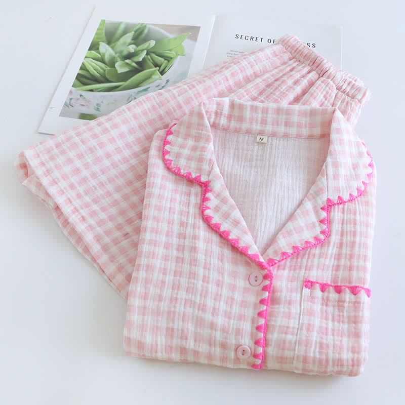 Plaid Cotton Gauze Pajamas with Embroidered Trim - image 5