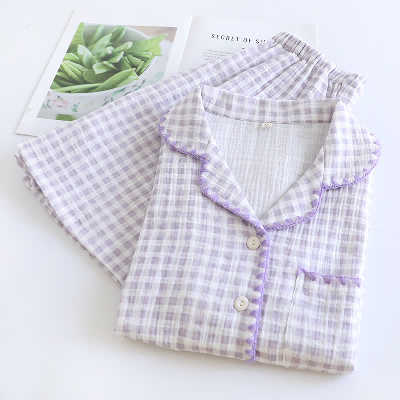 Plaid Cotton Gauze Pajamas with Embroidered Trim - image 7