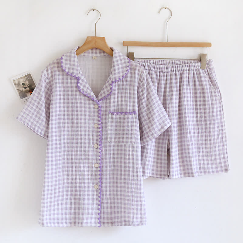 Plaid Cotton Gauze Pajamas with Embroidered Trim - Purple - XL - image 6