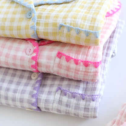 Plaid Cotton Gauze Pajamas with Embroidered Trim - image 3