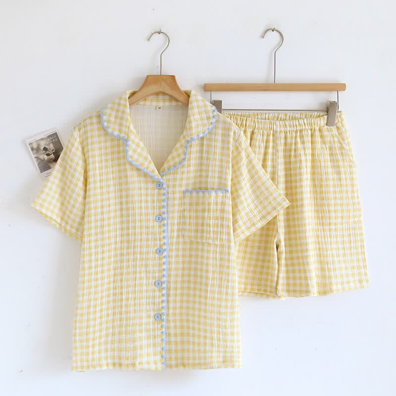 Plaid Cotton Gauze Pajamas with Embroidered Trim - Yellow - XL - image 8