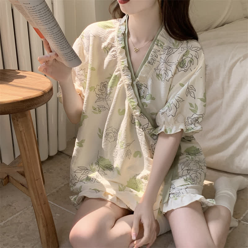 Artistic Rose Ruffle Sleeve Pajama Set - image 1