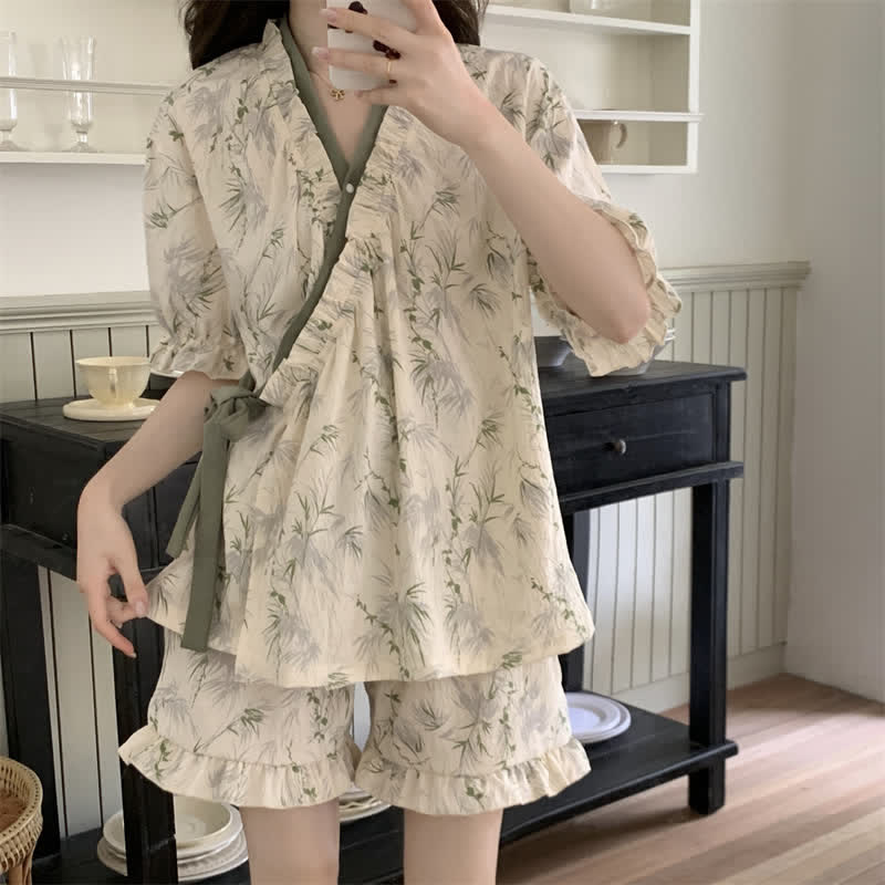 Elegant Bamboo Leaf Ruffle Sleeve Pajamas - image 1