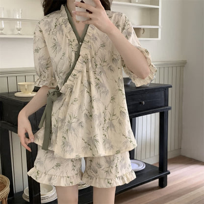 Elegant Bamboo Leaf Ruffle Sleeve Pajamas - image 1