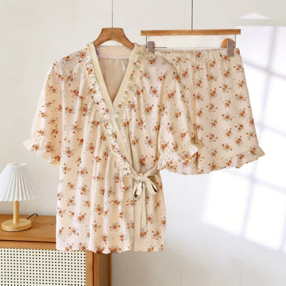 Country Style Floral Ruffle Sleeve Pajamas - Beige - 3XL - image 0