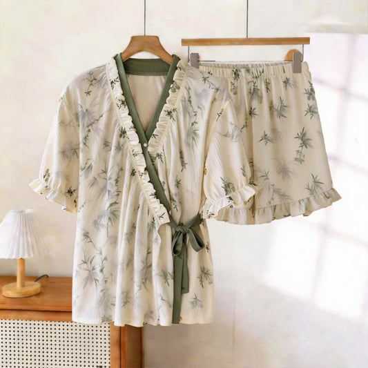 Elegant Bamboo Leaf Ruffle Sleeve Pajamas - Beige & Green - XXL - image 0