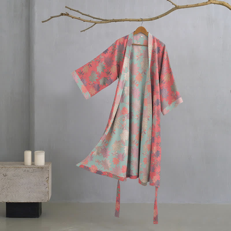 Double Gauze Maple Leaf Cotton Kimono Robe - Pink - XL - image 1