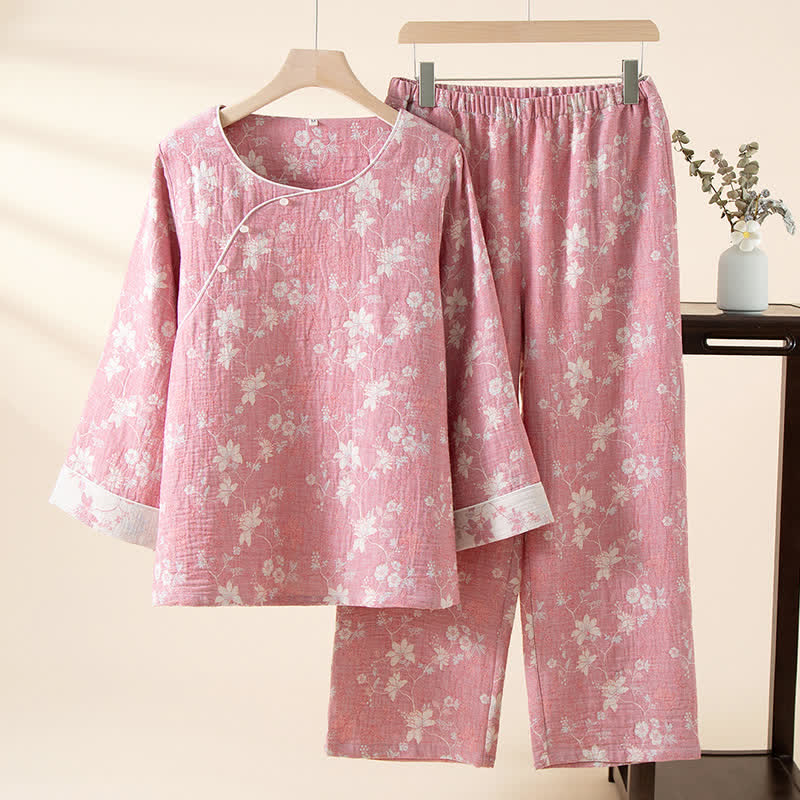Oriental Pink Floral Cotton Linen Pajamas - Pink - XL - image 0