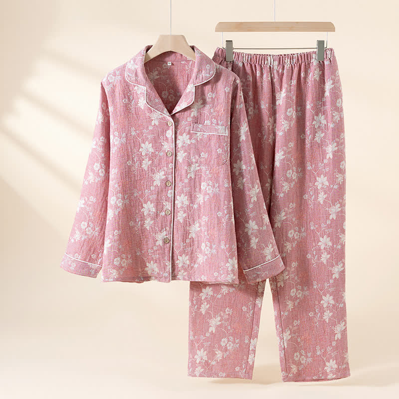 Vintage Floral Jacquard Cotton Linen Pajamas - Pink - XL - image 0