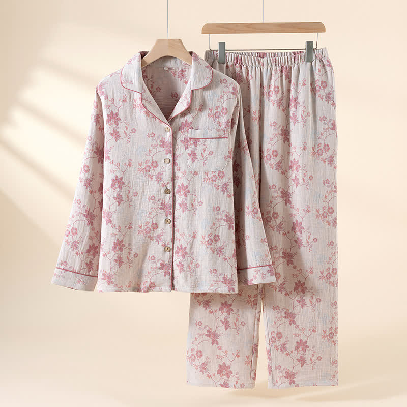 Vintage Floral Jacquard Cotton Linen Pajamas - Beige - XL - image 1
