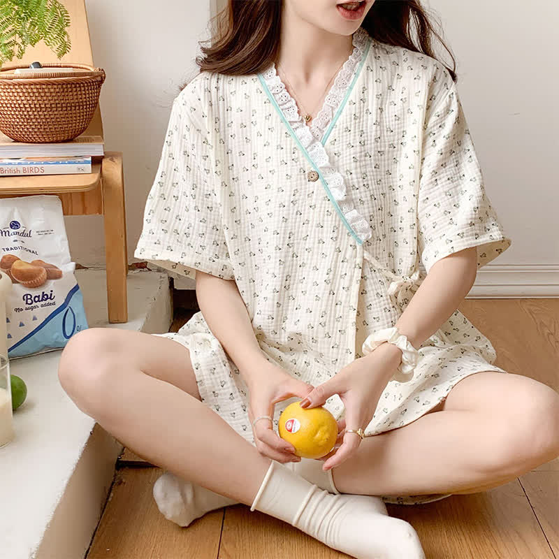 Short Sleeve Kimono Floral Cotton Pajama Set - Green - XXL - image 7