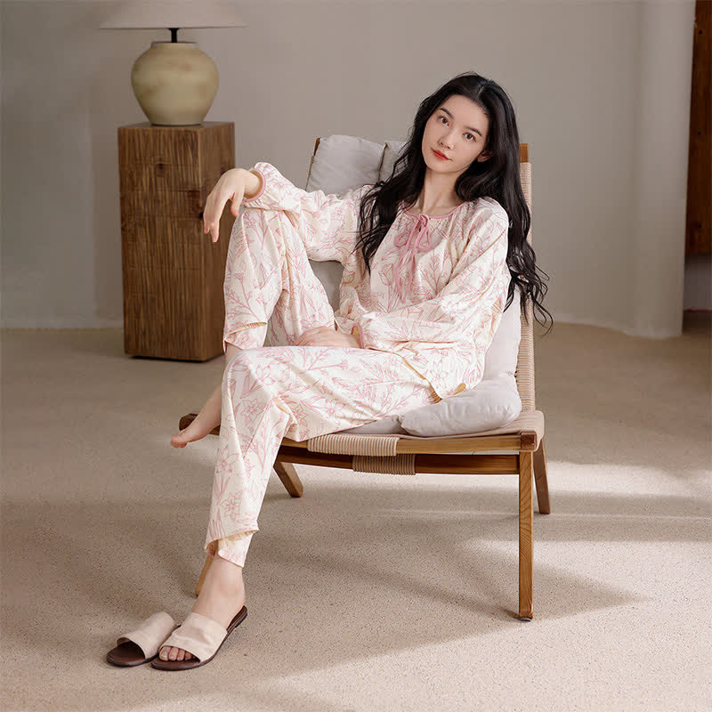 Elegant Floral Cotton Round-neck Pajama Set - image 1