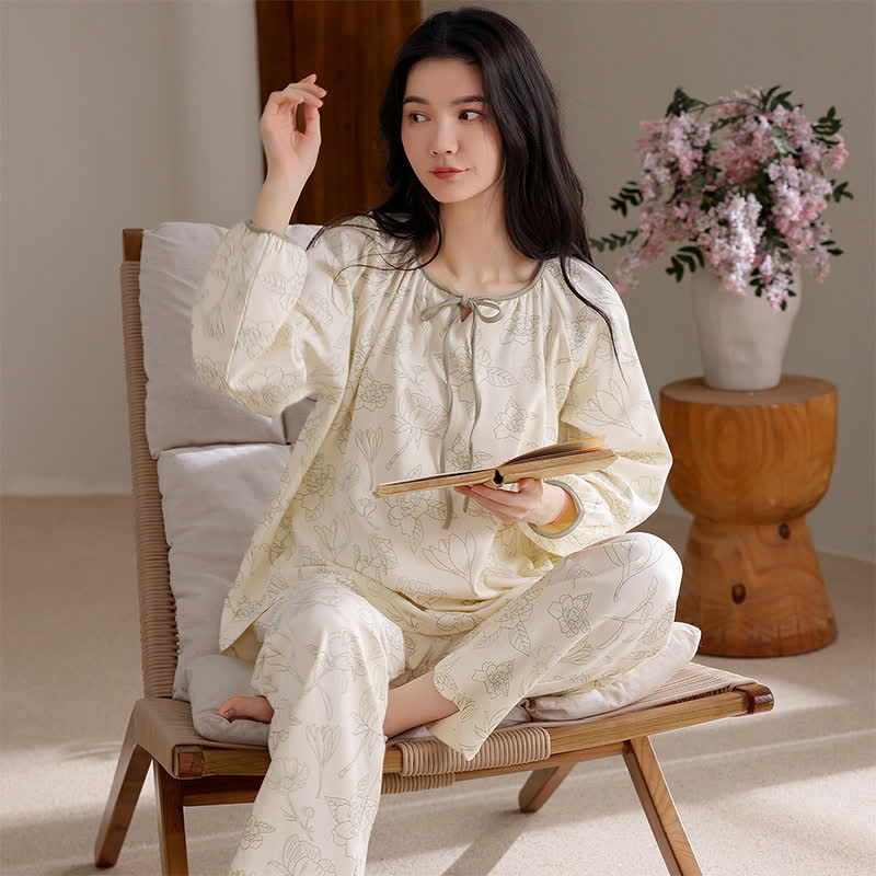 Floral Cotton Two-Piece Long Sleeve Homewear - Green  - XXL - image 0