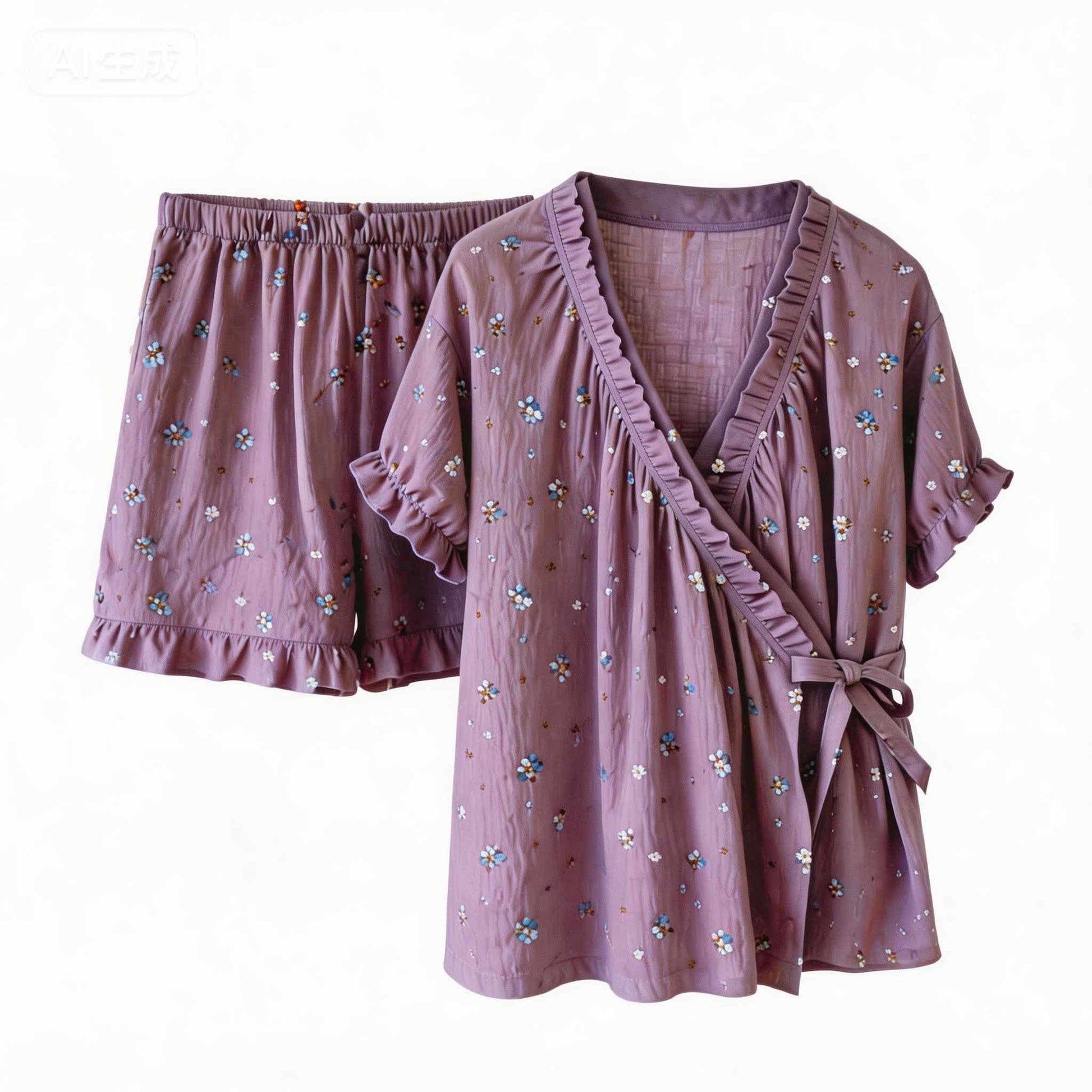 Elegant Purple Floral Ruffle Sleeve Pajamas - image 2