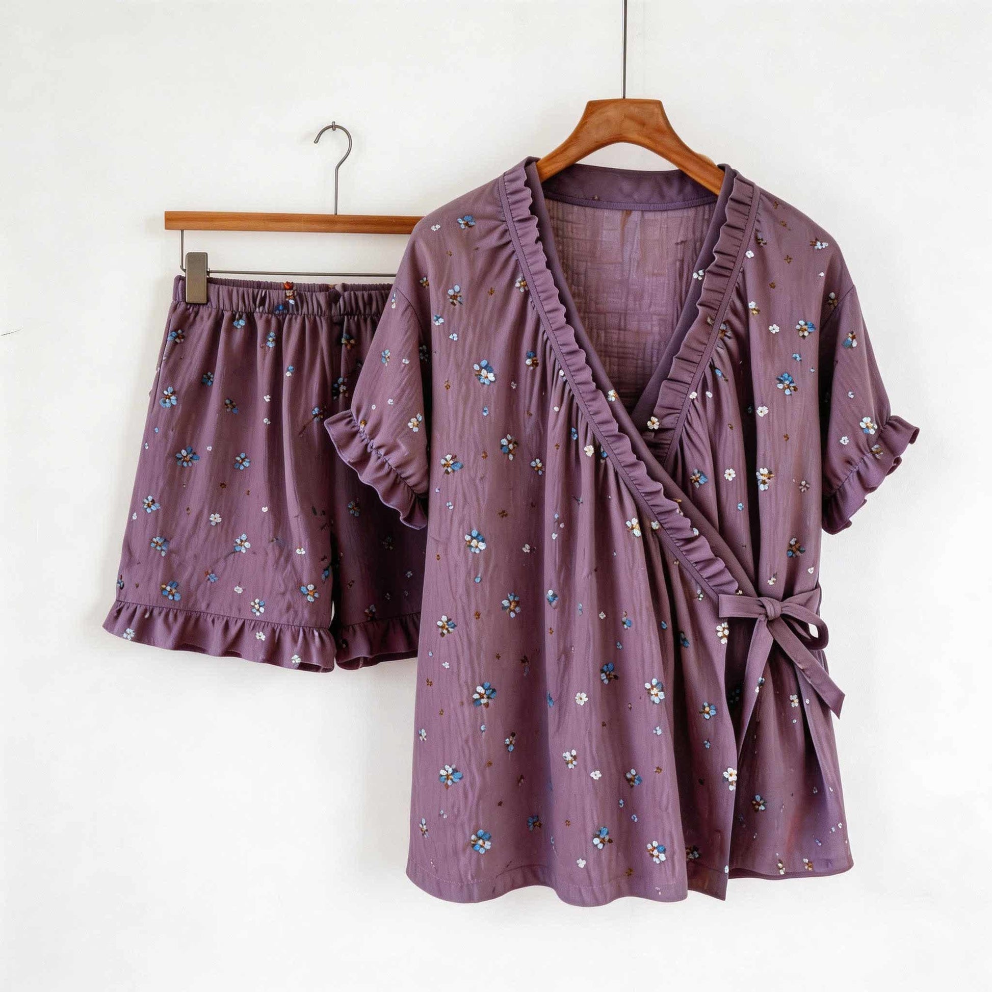 Elegant Purple Floral Ruffle Sleeve Pajamas - image 1