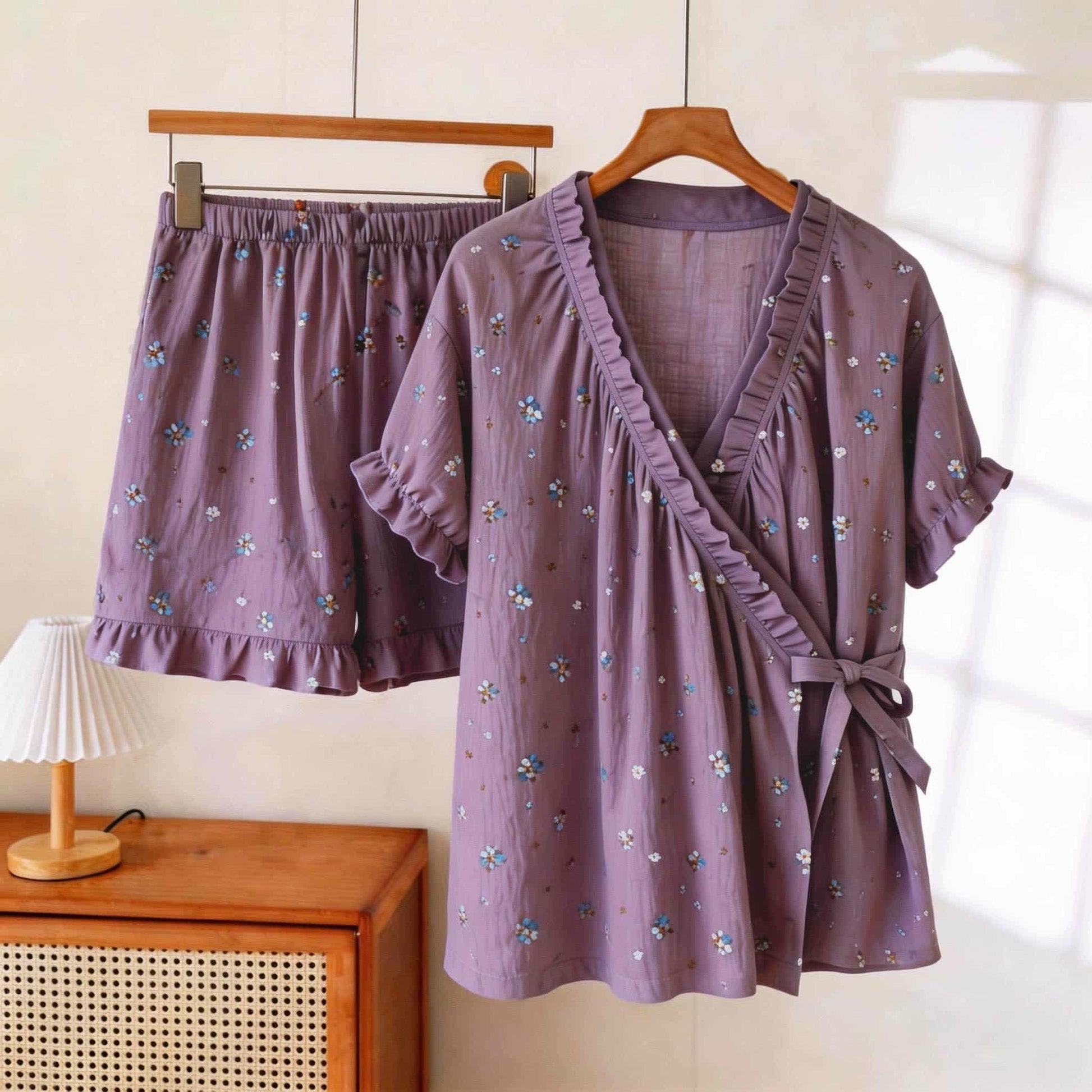 Elegant Purple Floral Ruffle Sleeve Pajamas - Purple - XXL - image 0