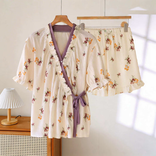 Rustic Berry Ruffle Sleeve Pajama Set - Beige & Purple - XXL - image 0