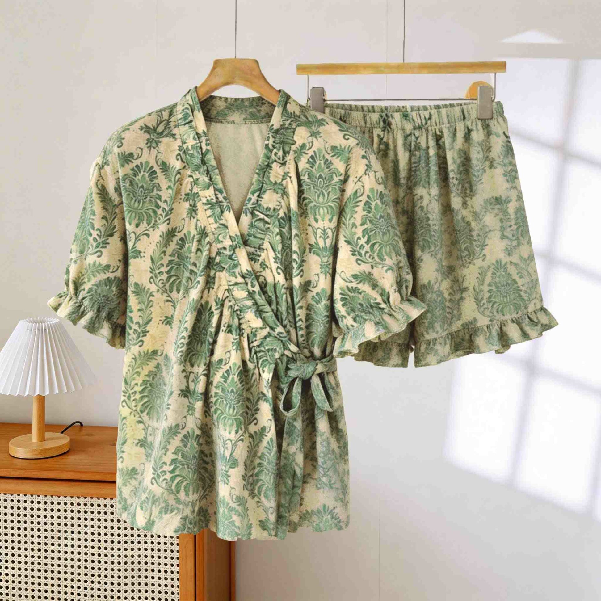 Refresh Green Floral Ruffle Sleeve Pajamas - Green & Yellow - XXL - image 0