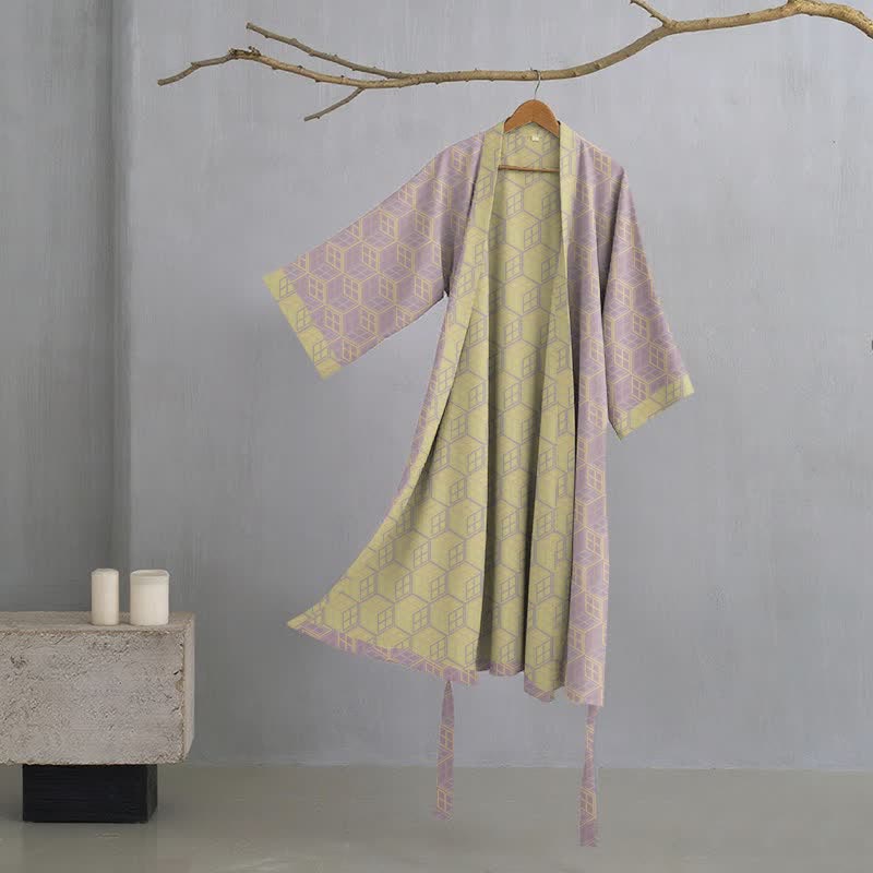 Geometric Hexagon Cotton Double Gauze Robe - Purple - XL - image 0