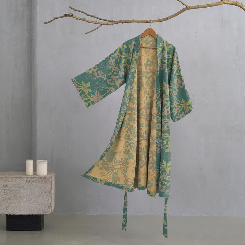 Vintage Rustic Floral Cotton Jacquard Robe - Green - XXL - image 7