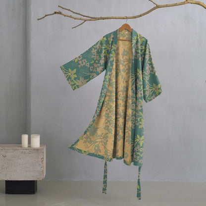 Vintage Rustic Floral Cotton Jacquard Robe - Green - XXL - image 7