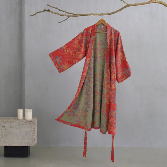 Vintage Rustic Floral Cotton Jacquard Robe - Red - XXL - image 0