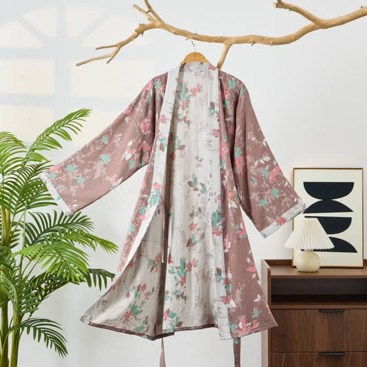 Vintage Floral Cotton Gauze Kimono Robe - Brown - L - image 0