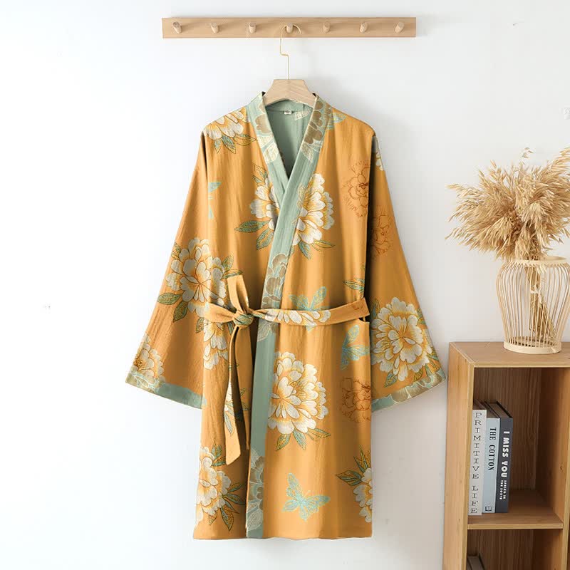 Floral Flourish Yellow Peony Cotton Gauze Kimono Robe - image 3