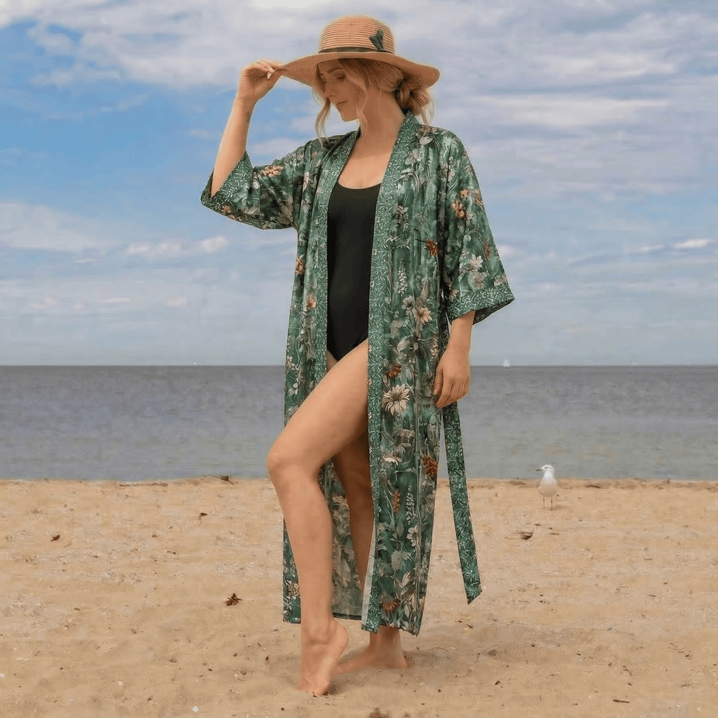 Lush Tropics Green Botanical Floral Kimono Style Bathrobe - image 0
