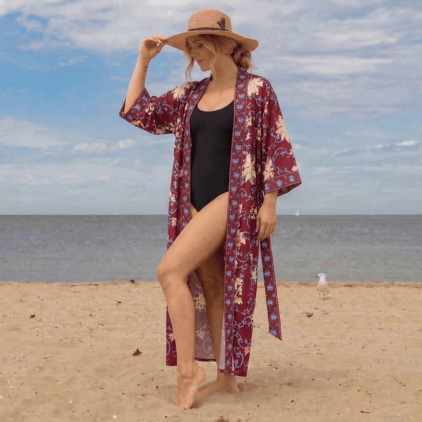 Blossom Burst Retro Floral Kimono Style Bathrobe - image 0