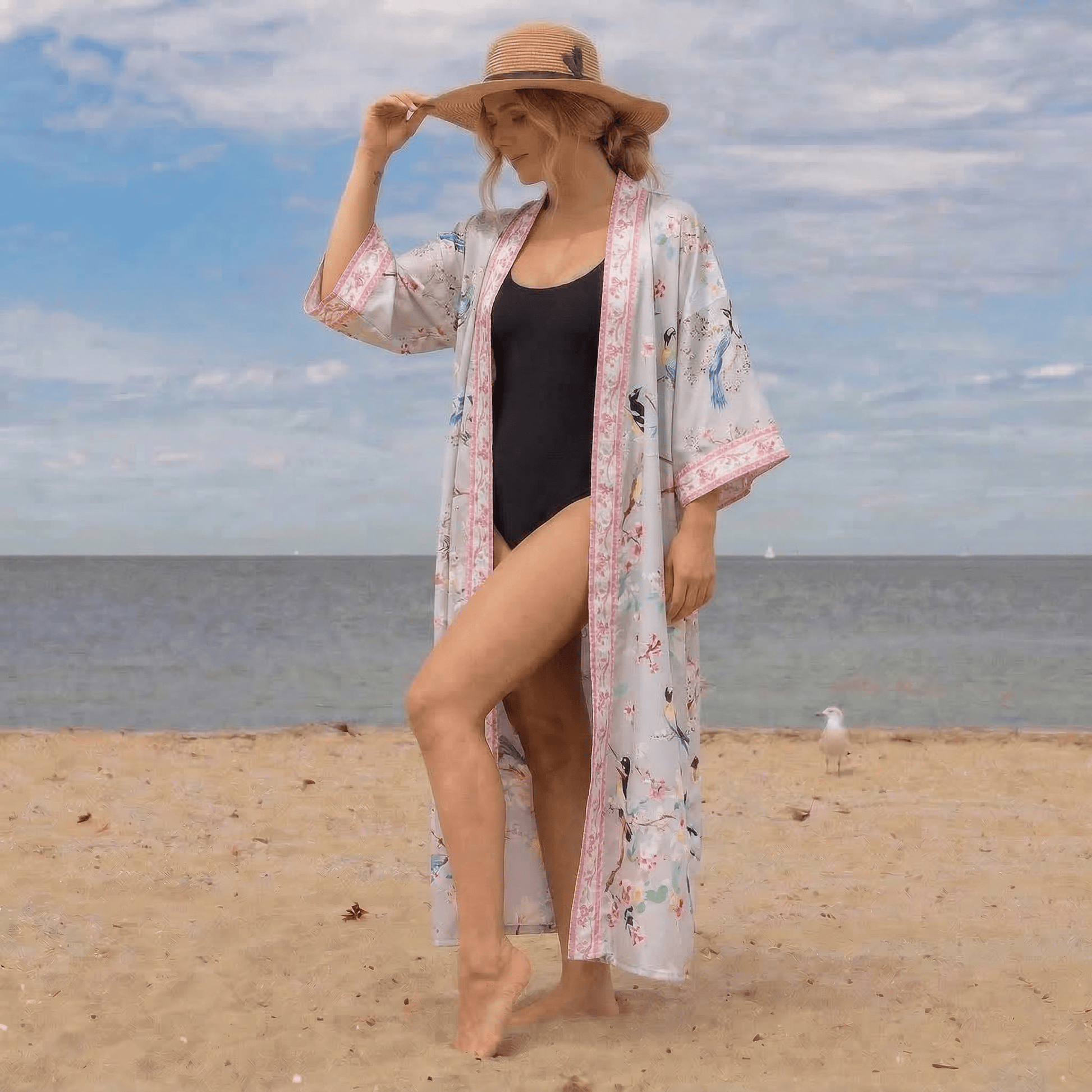 Paradise Florals  Peach Blossom & Bird Kimono Style Bathrobe - image 0