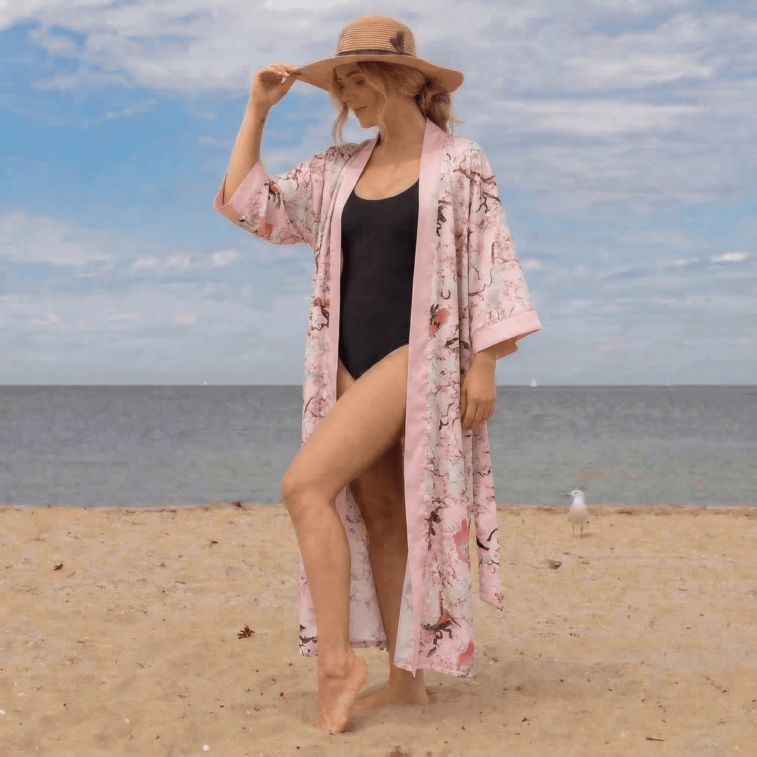 Valentine's Day Oriental Pink Floral Kimono Style Bathrobe - image 0