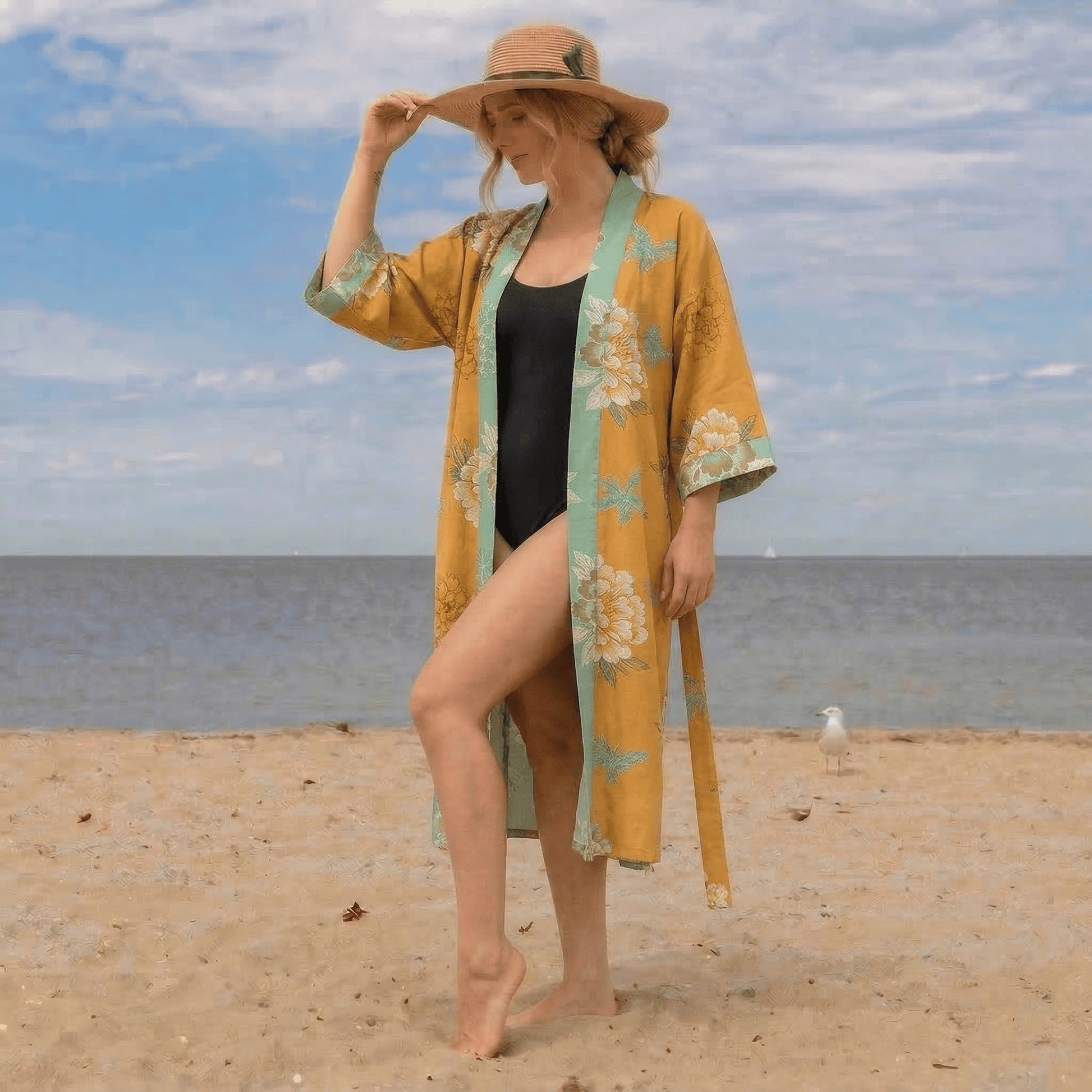 Floral Flourish Yellow Peony Cotton Gauze Kimono Robe - image 0