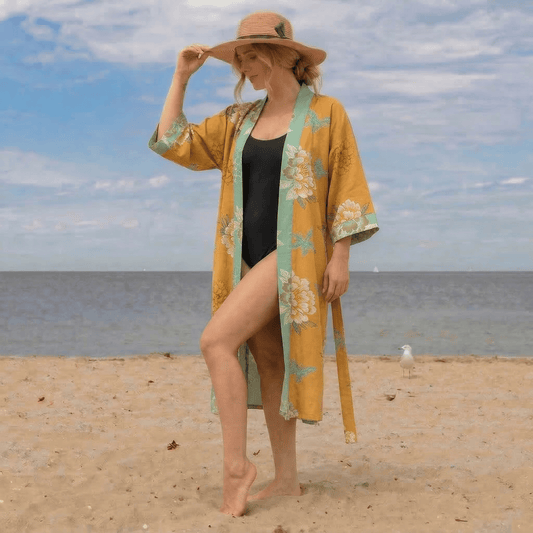 Floral Flourish Yellow Peony Cotton Gauze Kimono Robe - image 0