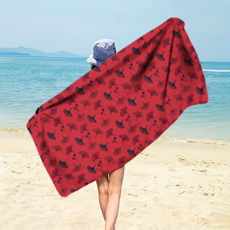 Botanical Ginkgo Leaf Beach Towel - Dark Red - 59" x 27" - image 0