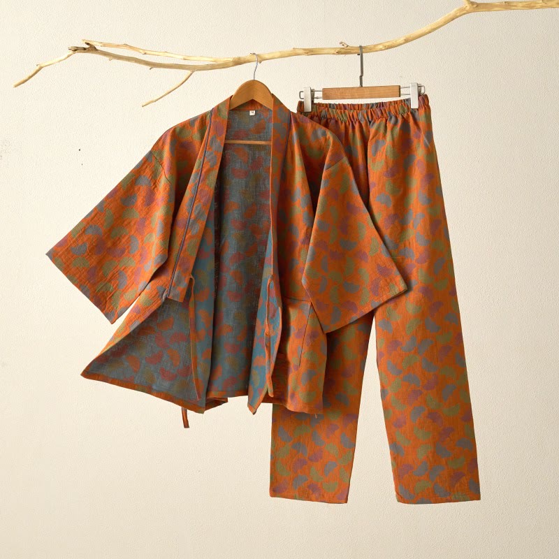 Ownkoti Ginkgo Leaf Cotton Kimono Loungewear Set - Orange - XL - image 2