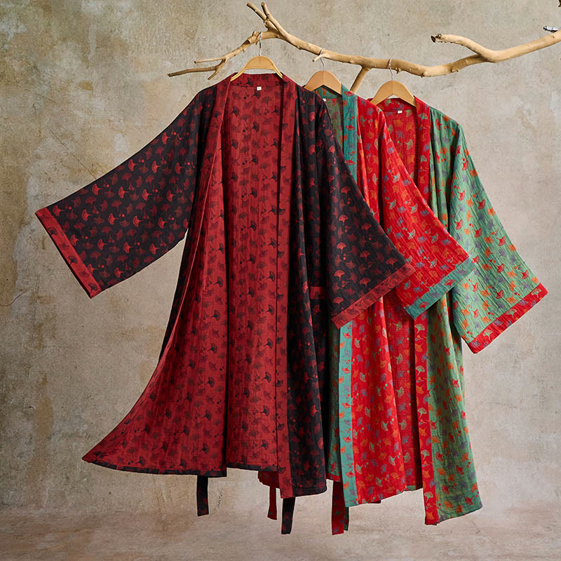 Two-Tone Ginkgo Cotton Gauze Kimono Robe - image 1