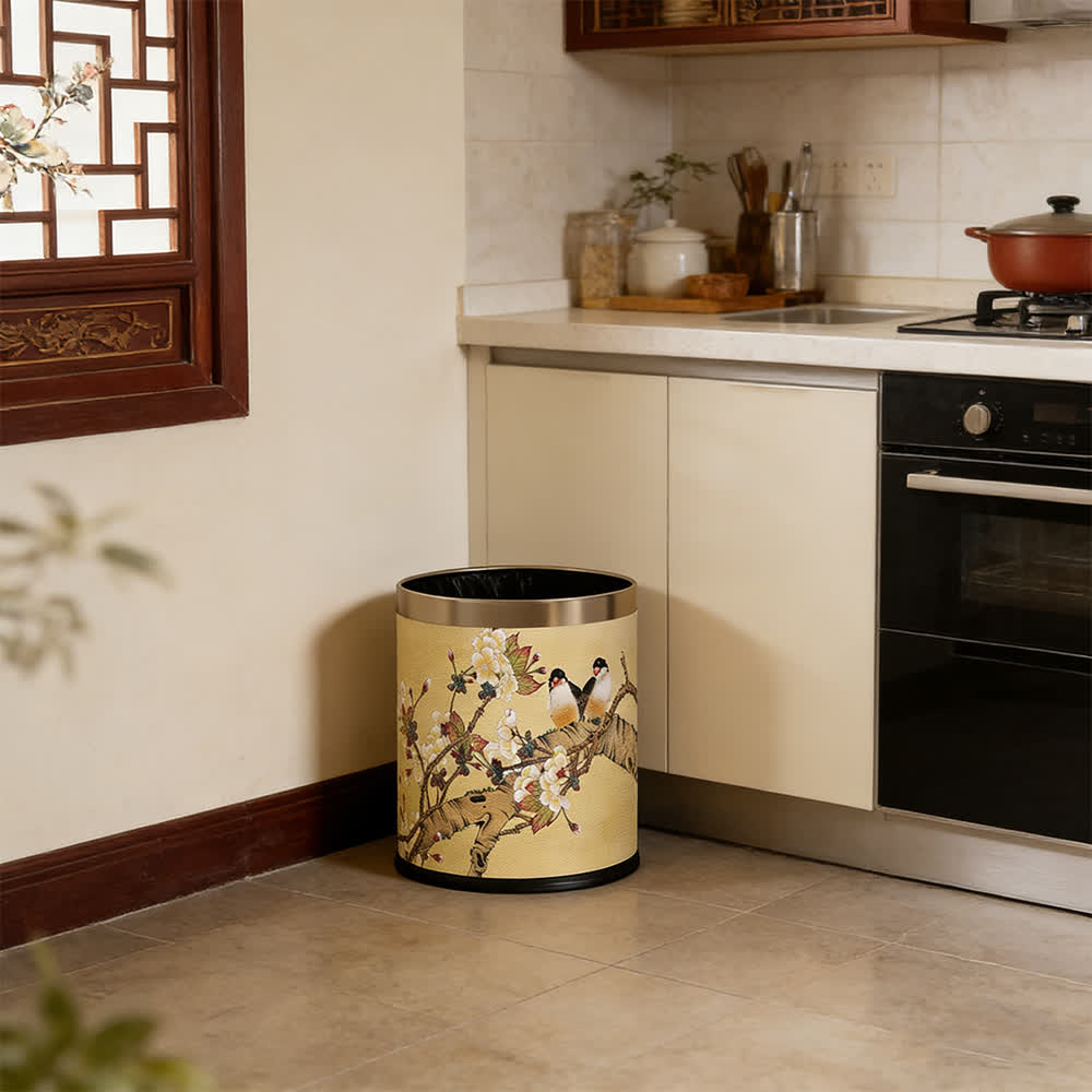 Vintage Chinoiserie Floral & Bird Trash Can - image 2