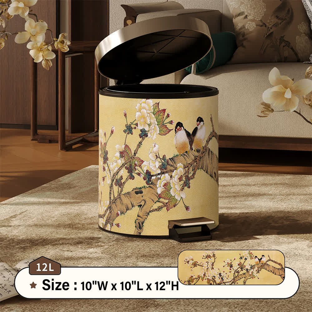 Vintage Chinoiserie Floral & Bird Trash Can - Foot-Pedal - 10"W x 10"L x 12"H - image 7