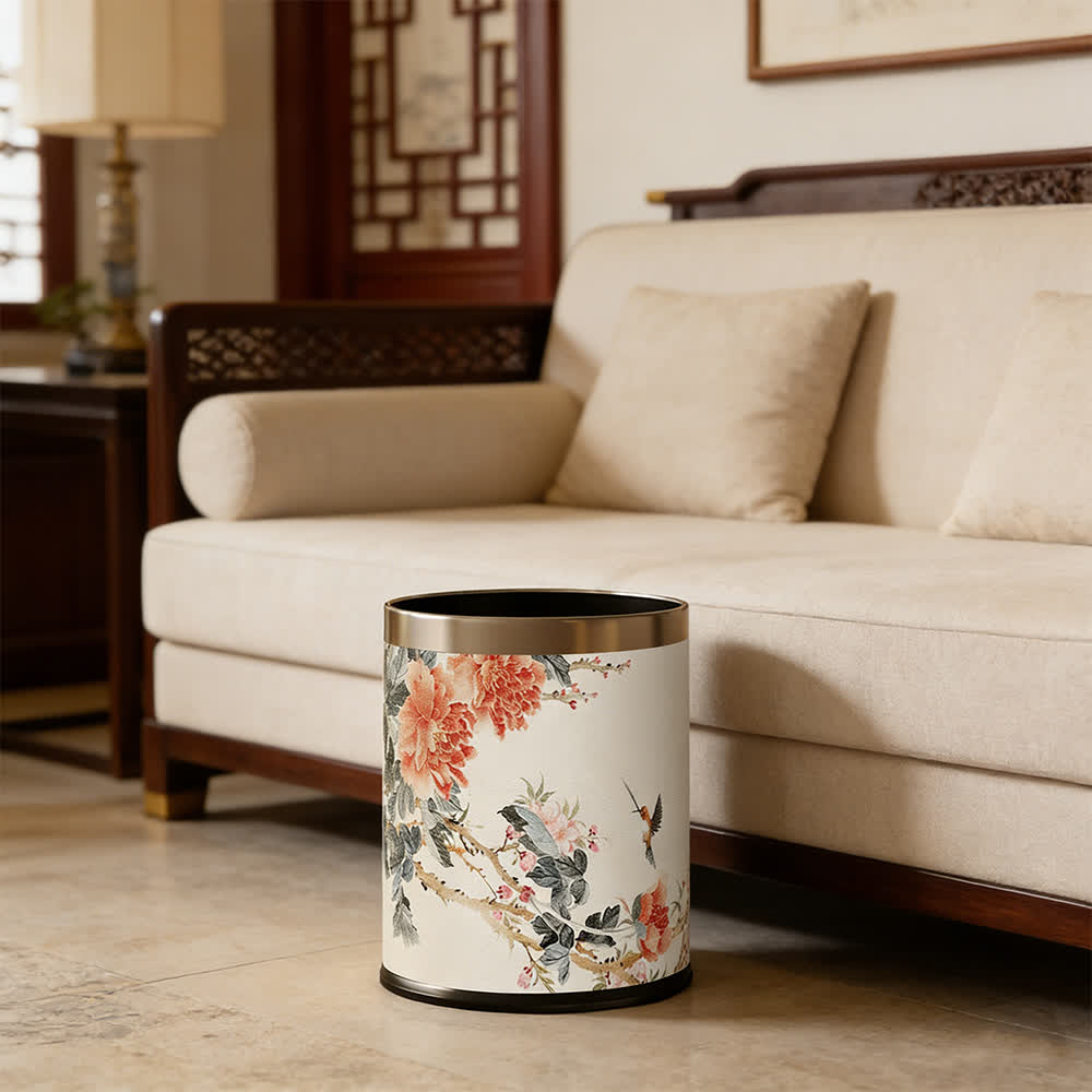 Chinoiserie Peony & Songbird Leather Trash Can - image 2
