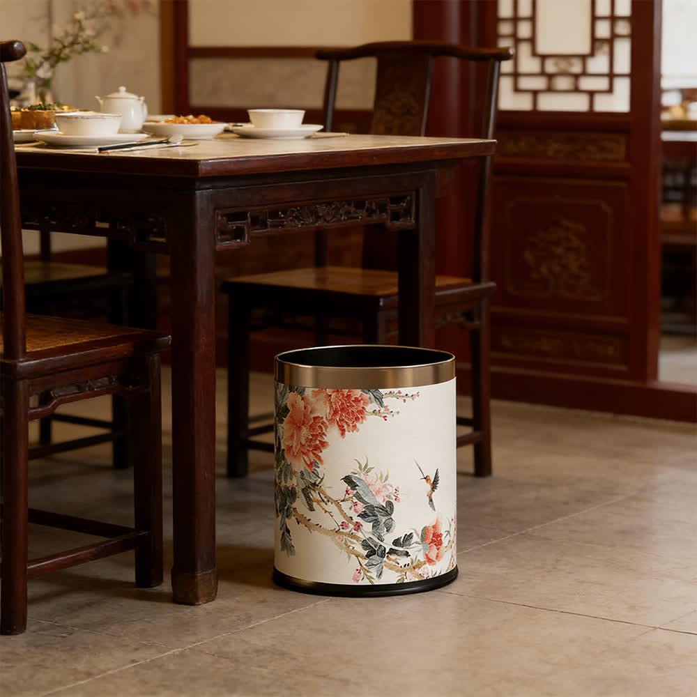 Chinoiserie Peony & Songbird Leather Trash Can - image 1