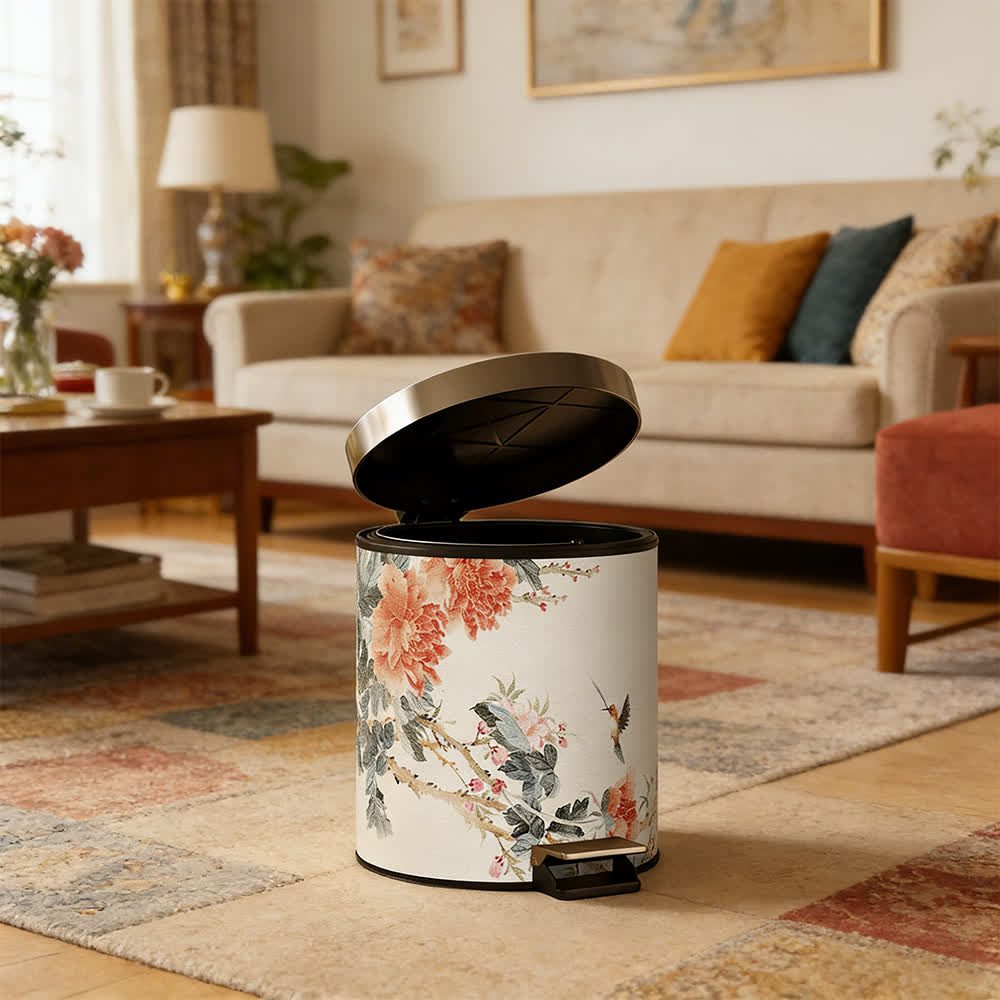Chinoiserie Peony & Songbird Leather Trash Can - image 6
