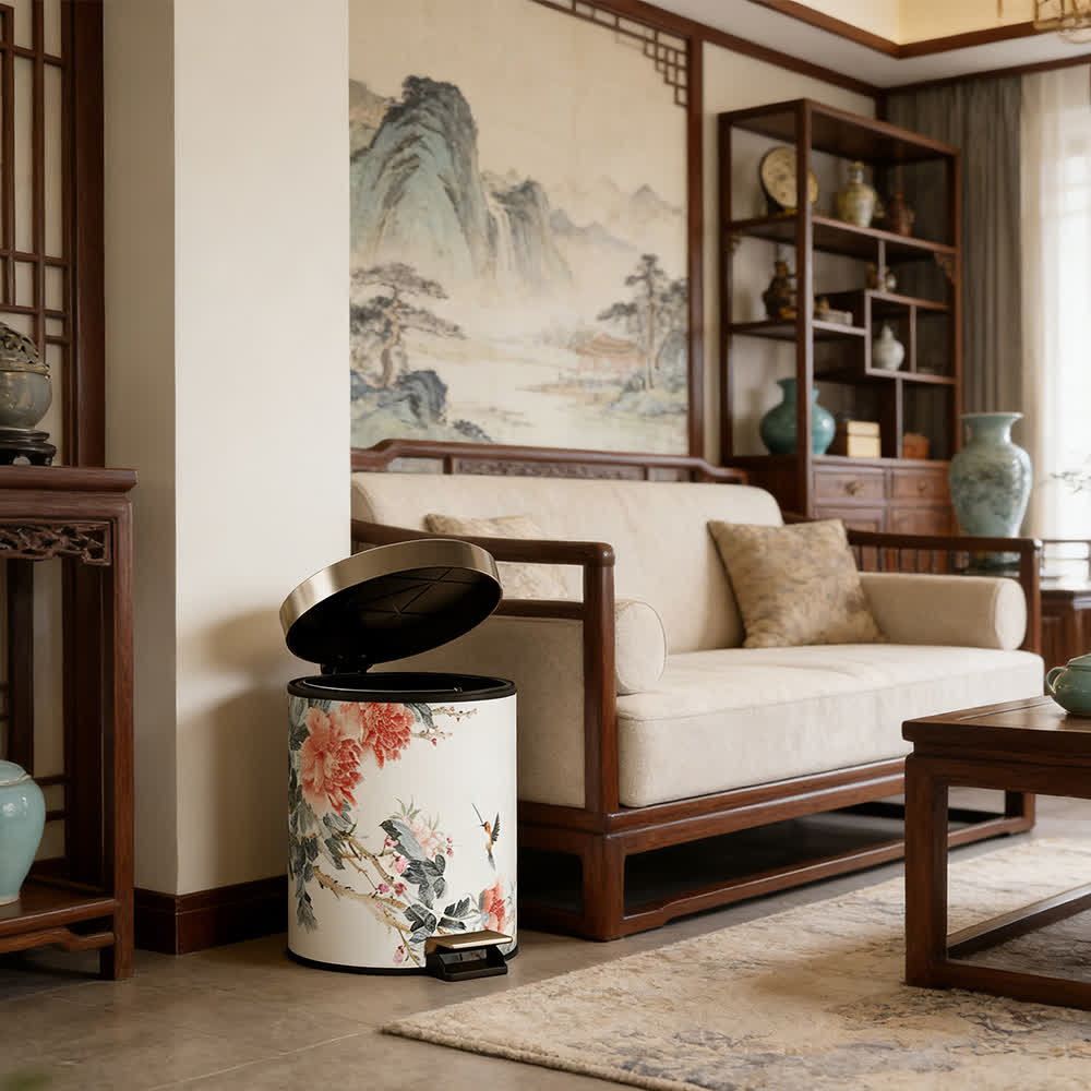 Chinoiserie Peony & Songbird Leather Trash Can - image 7