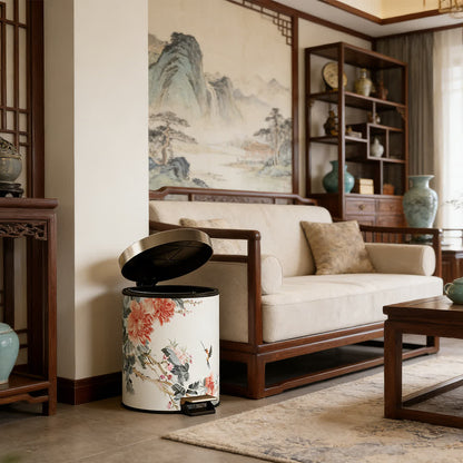 Chinoiserie Peony & Songbird Leather Trash Can - image 7
