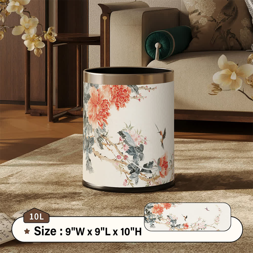 Chinoiserie Peony & Songbird Leather Trash Can - Standard - 9"W x 9"L x 10"H - image 3