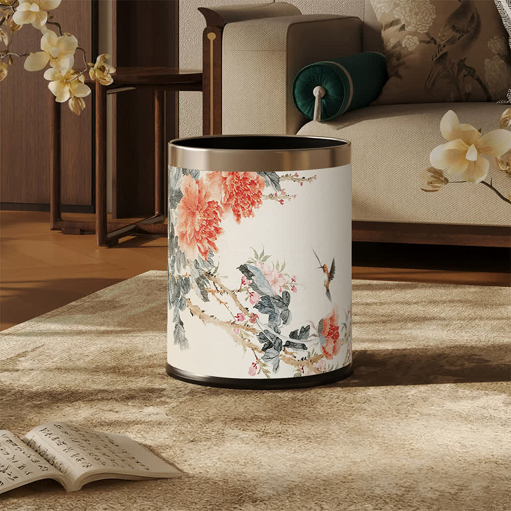 Chinoiserie Peony & Songbird Leather Trash Can - image 0