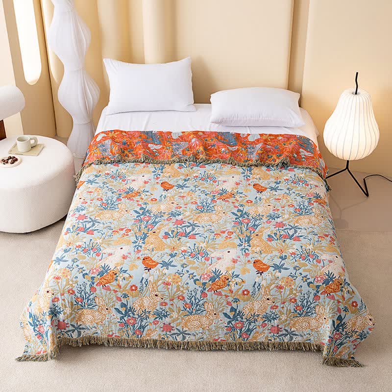 Country Floral & Bunny Cotton Gauze Quilt Blanket - Multicolor - Queen - image 0