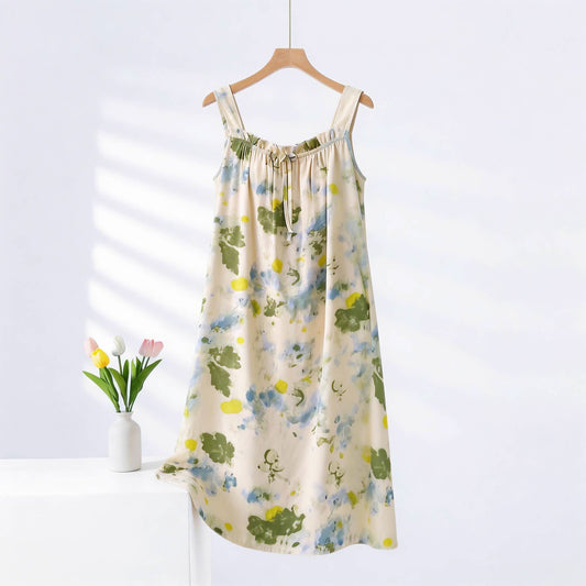 Watercolor Ink Ruffle Neck Sleeveless Nightgown - Green & Beige - Plus Size - image 0
